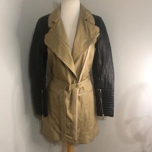 Rebecca Minkoff Keiffer Mixed Media tan trench coat, black leather sleeves, XS